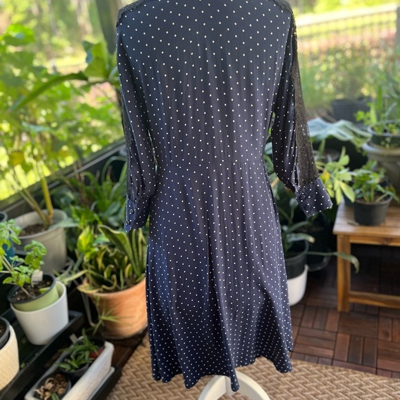 Zara Basic Polka Dot with Lace Midi Dress Navy Blue Tie Belt Medium EUC - Picture 9 of 9